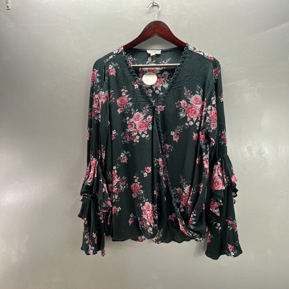 Oddy Top Women's Size M Romantic Roses Floral Ruffled Long Sleeve Blouse